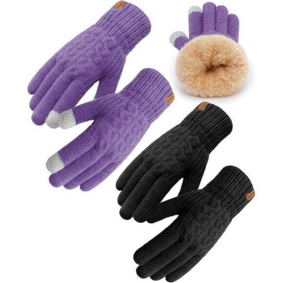 ⚡Women& Men Black+Purple Winter Touch Screen Warm Thick Fleece Lined Knit Gloves - Picture 1 of 7